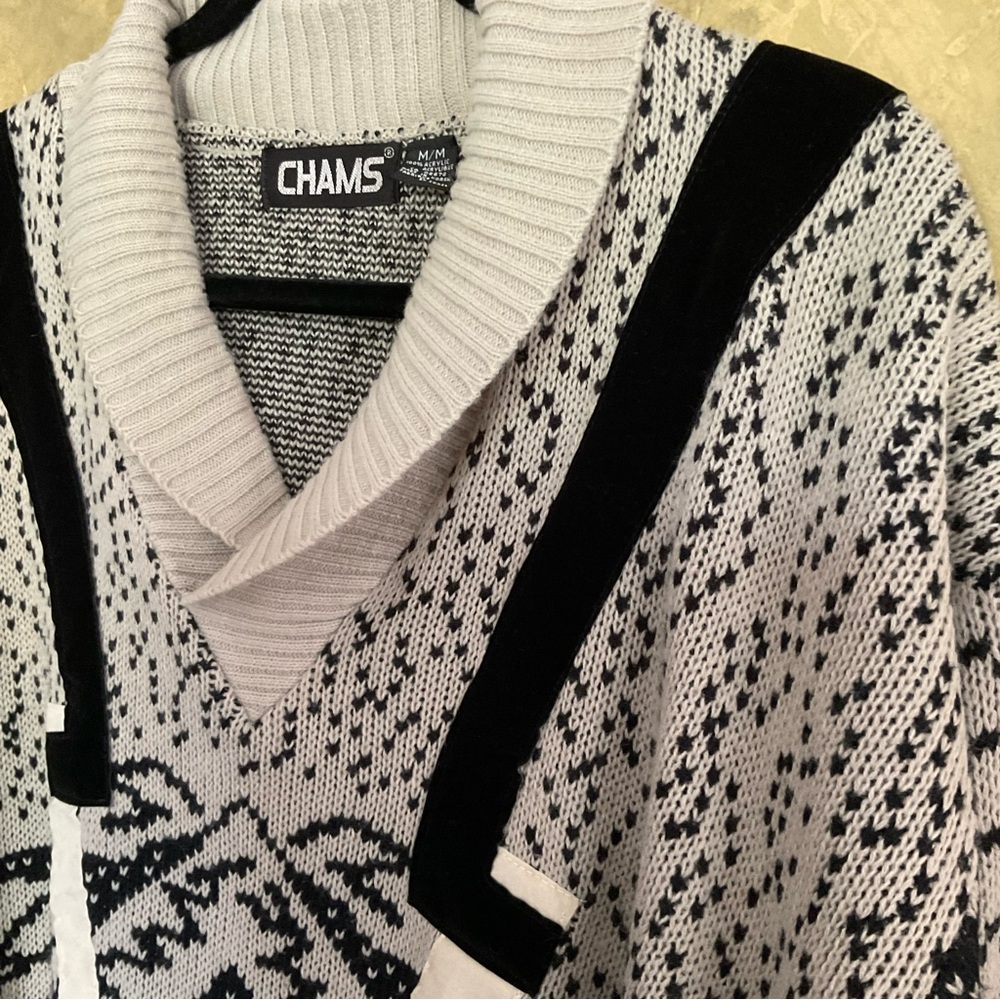 Vintage Chams | 80s Patterned Knit Shawl Collar Sweater | M - Picture 2 of 5
